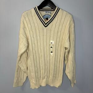 Cherokee Vintage Tennis V-Neck Cable Knit Sweater Cream Cotton Men's M New